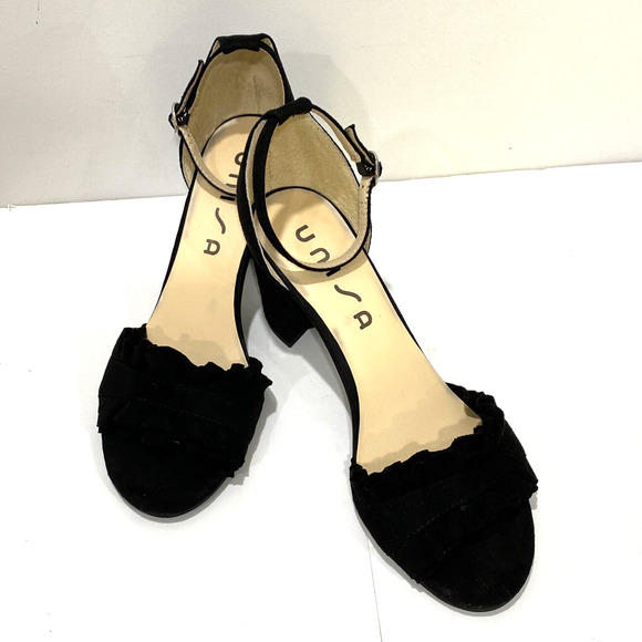 Unisa "Dian" dressy black faux suede high heel shoes ankle straps open toes 8M - Picture 10 of 10